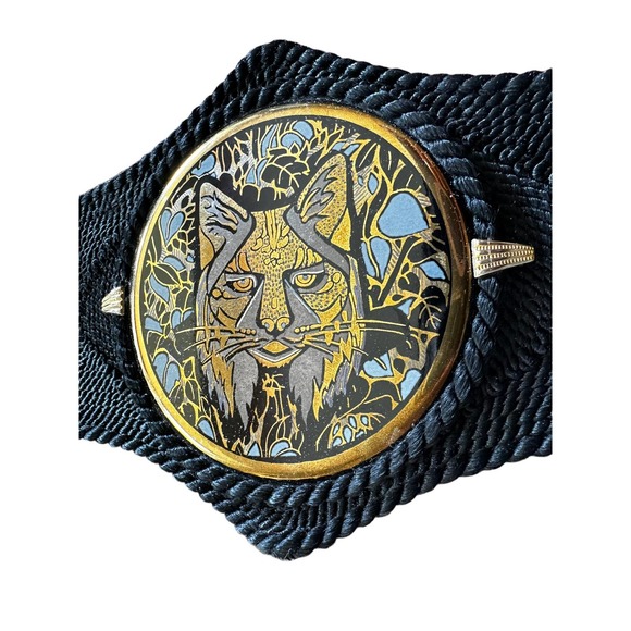 Unique Vintage Belt- West Germany Gutos Belt  Black and Gold with Metallic Cat - Picture 3 of 12